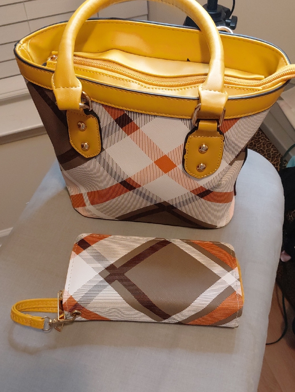 Yellow Plaid Tote Bag with Matching Wallet